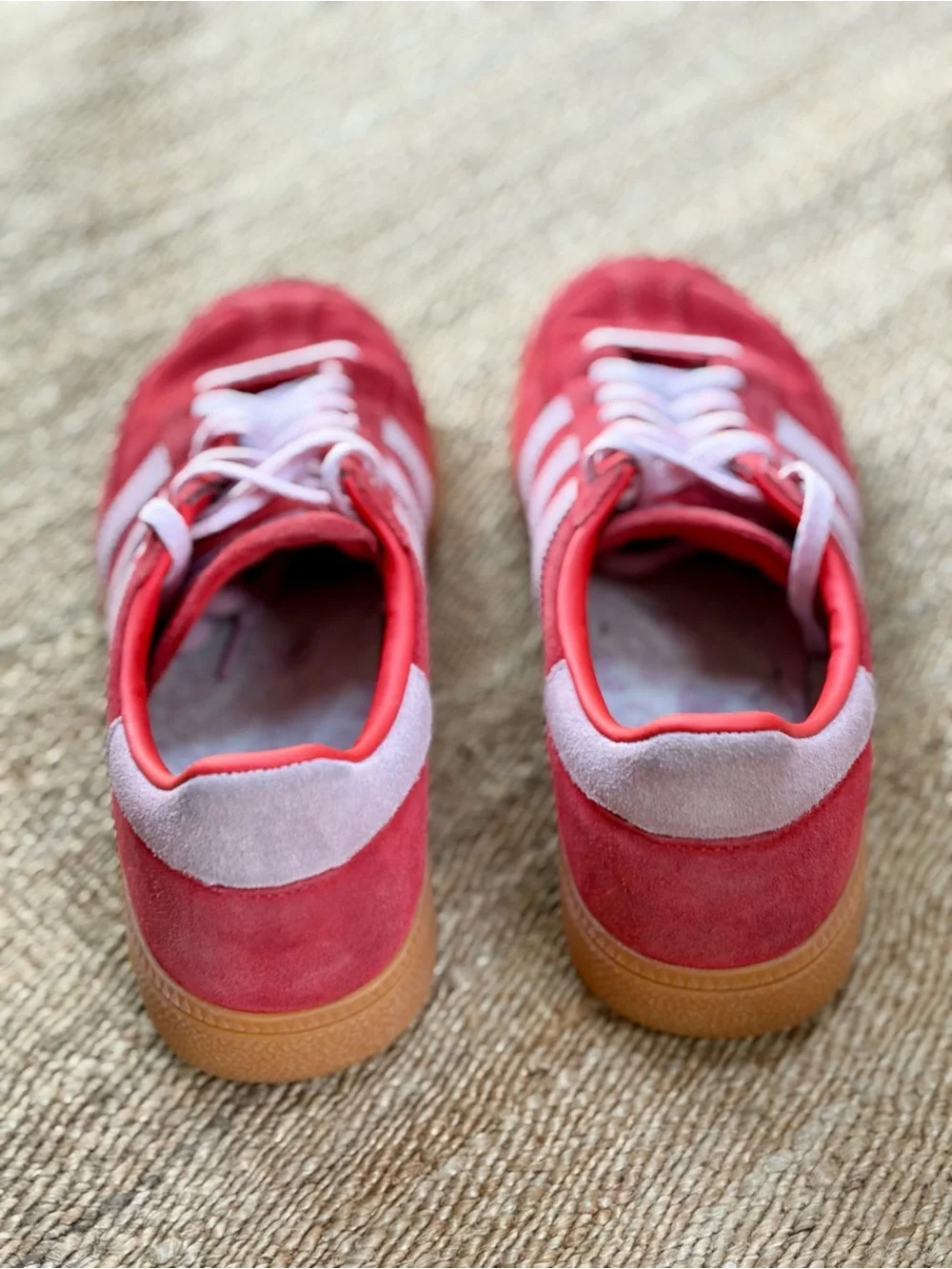 Adidas Red Suede Sneakers with Light Pink Stripes - Picture 4 of 7